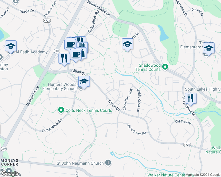 map of restaurants, bars, coffee shops, grocery stores, and more near 11966 Heathcote Court in Reston