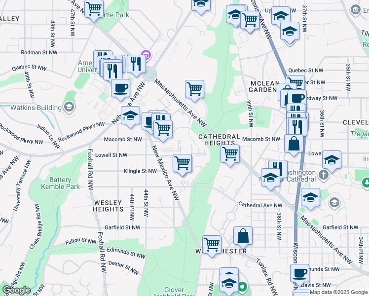 map of restaurants, bars, coffee shops, grocery stores, and more near 3101 New Mexico Avenue Northwest in Washington
