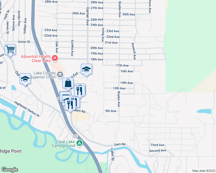 map of restaurants, bars, coffee shops, grocery stores, and more near 16034 13th Avenue in Clearlake