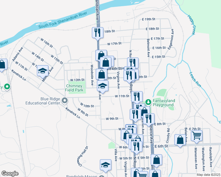 map of restaurants, bars, coffee shops, grocery stores, and more near 124 West 12th Street in Front Royal
