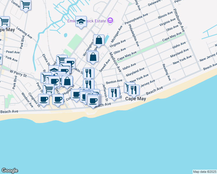 map of restaurants, bars, coffee shops, grocery stores, and more near 922 Kearney Avenue in Cape May