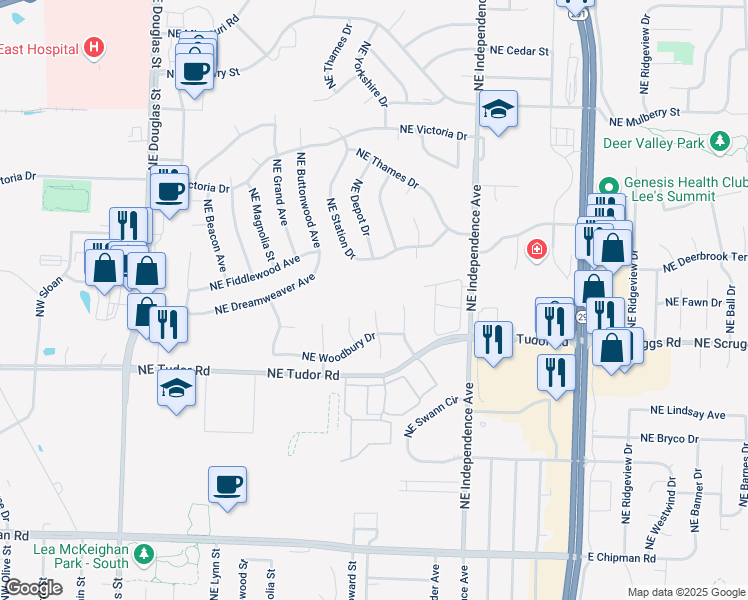 map of restaurants, bars, coffee shops, grocery stores, and more near 1113 Northeast Woodbury Court in Lee's Summit