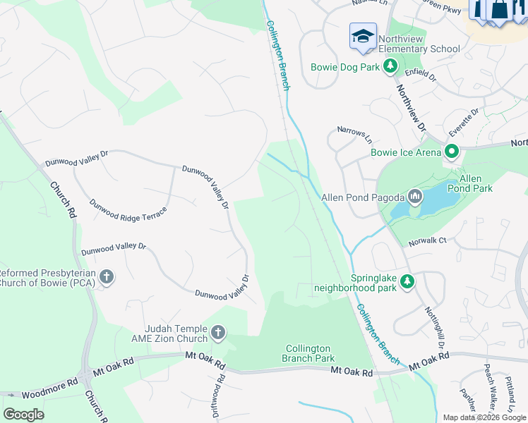 map of restaurants, bars, coffee shops, grocery stores, and more near 3206 Alysheba Court in Bowie