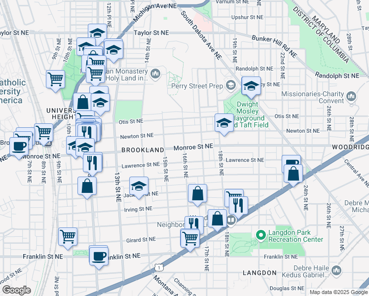 map of restaurants, bars, coffee shops, grocery stores, and more near Monroe Street Northeast & 16th Street Northeast in Washington