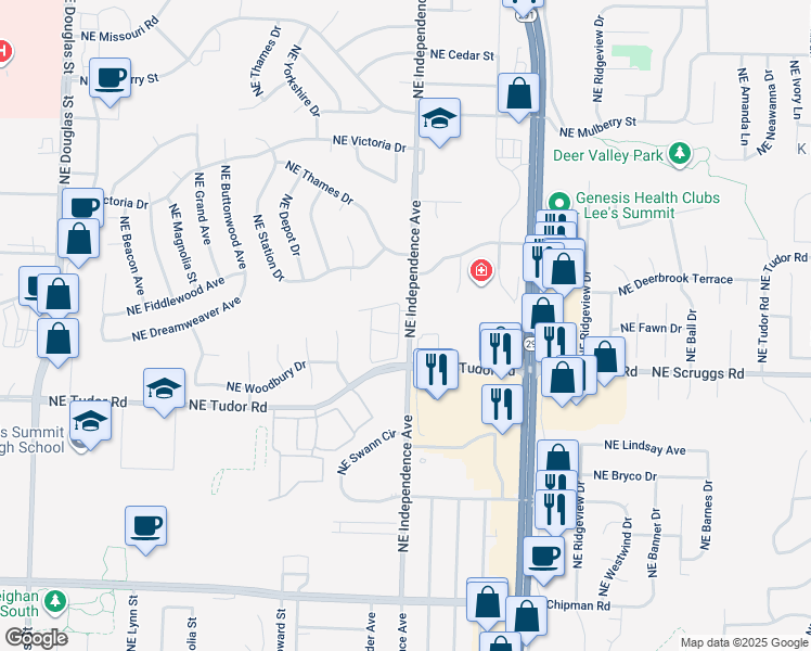 map of restaurants, bars, coffee shops, grocery stores, and more near 1120 Northeast Independence Avenue in Lee's Summit