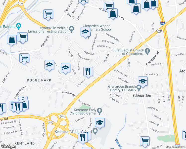 map of restaurants, bars, coffee shops, grocery stores, and more near 7928 Piedmont Avenue in Glenarden