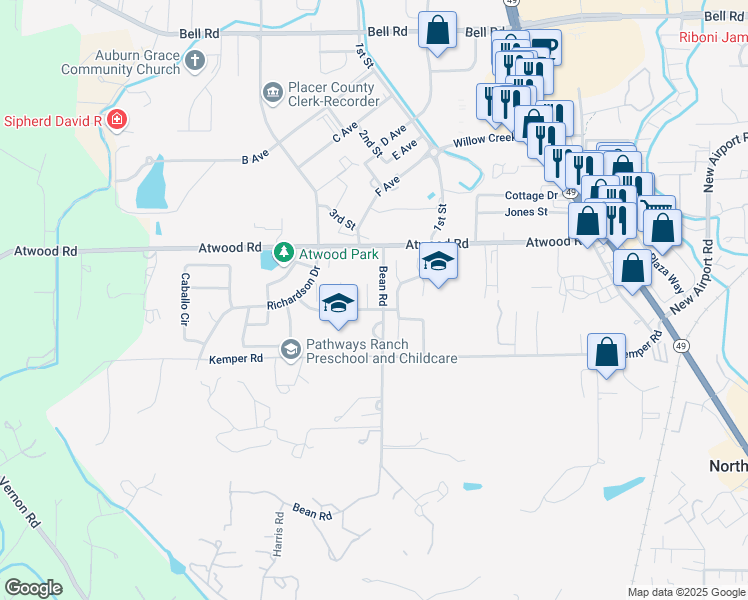 map of restaurants, bars, coffee shops, grocery stores, and more near 2204 Sombrero Court in Auburn