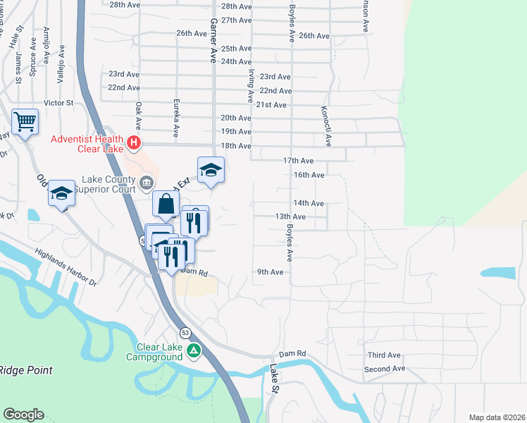 map of restaurants, bars, coffee shops, grocery stores, and more near 16034 13th Avenue in Clearlake