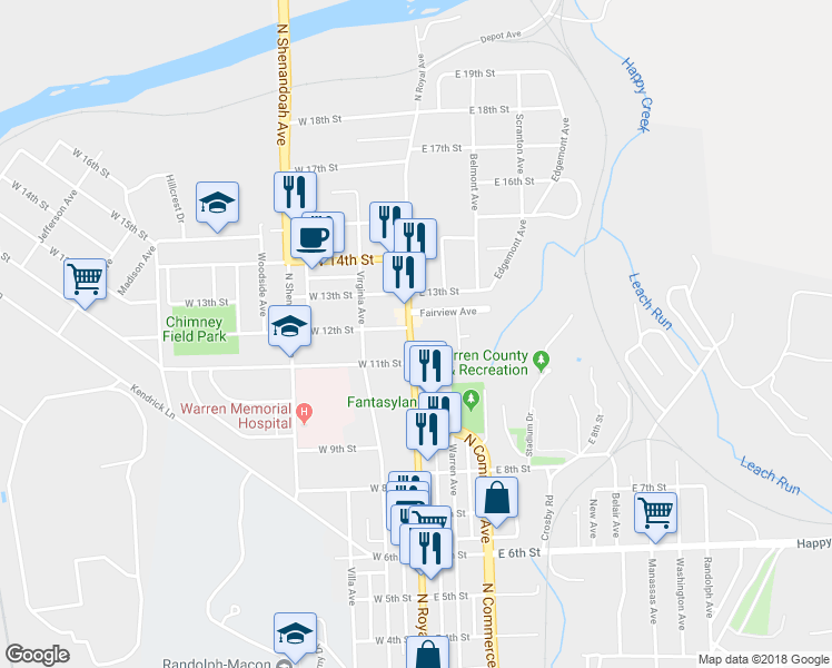 map of restaurants, bars, coffee shops, grocery stores, and more near 1127 North Royal Avenue in Front Royal