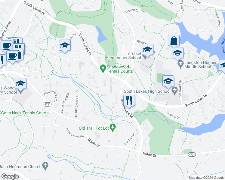 map of restaurants, bars, coffee shops, grocery stores, and more near 2259 Castle Rock Square in Reston