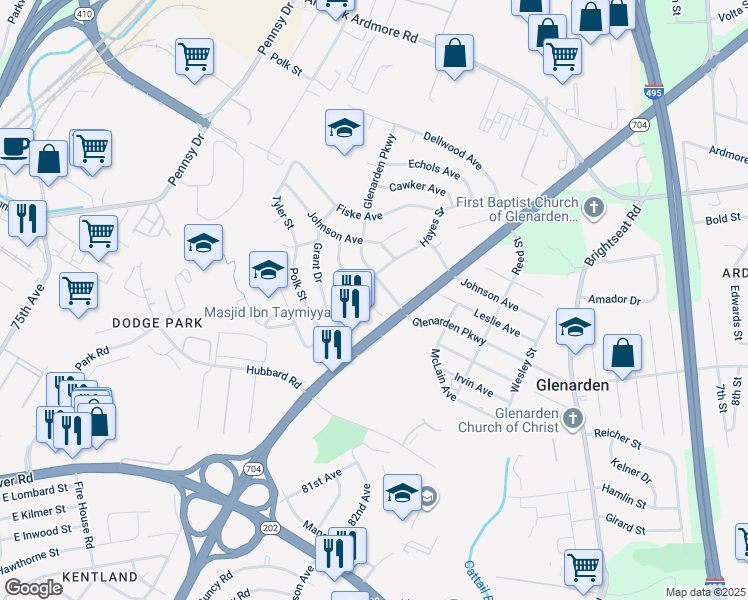 map of restaurants, bars, coffee shops, grocery stores, and more near 7928 Piedmont Avenue in Glenarden