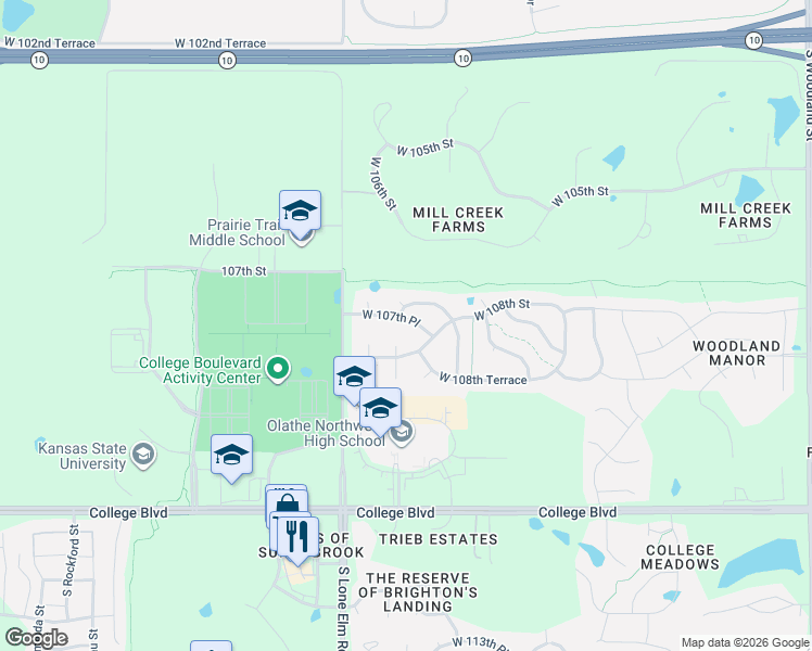 map of restaurants, bars, coffee shops, grocery stores, and more near 21223 West 107th Place in Olathe