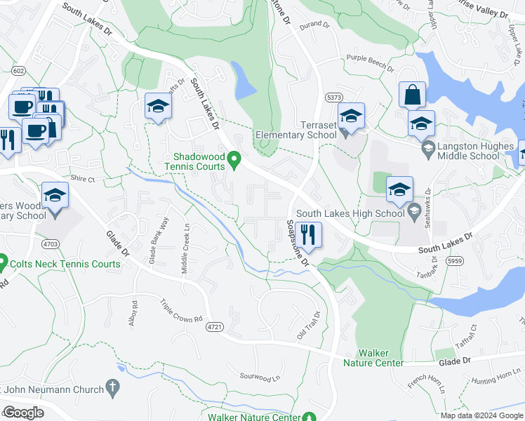 map of restaurants, bars, coffee shops, grocery stores, and more near 2242 Castle Rock Square in Reston