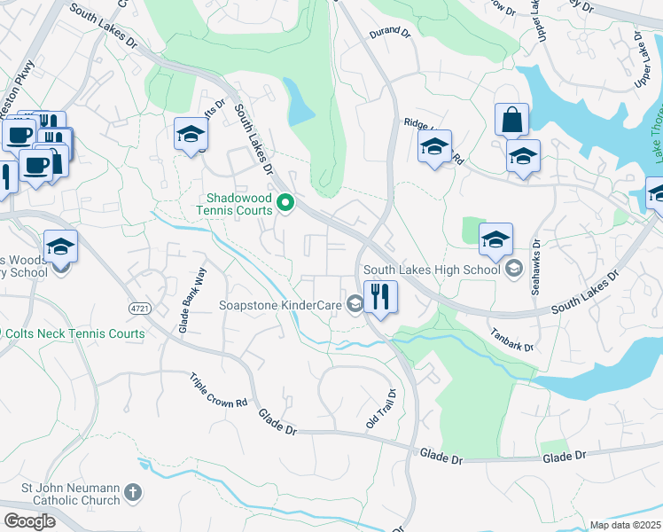 map of restaurants, bars, coffee shops, grocery stores, and more near 2259 Castle Rock Square in Reston
