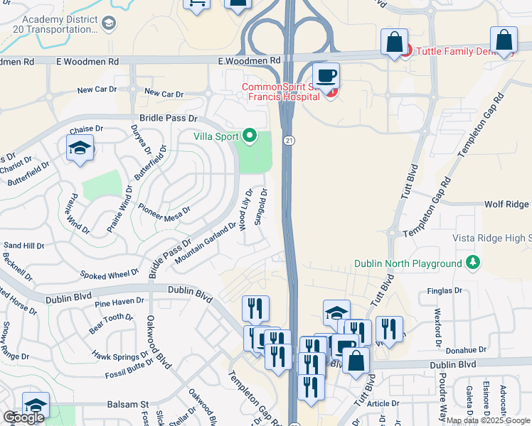 map of restaurants, bars, coffee shops, grocery stores, and more near 5740 African Daisy Court in Colorado Springs