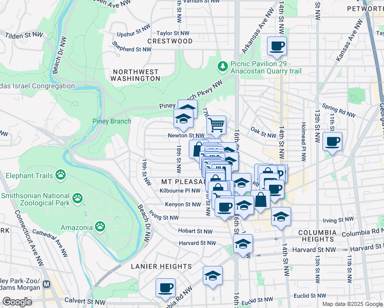 map of restaurants, bars, coffee shops, grocery stores, and more near 3314 Mount Pleasant Street Northwest in Washington