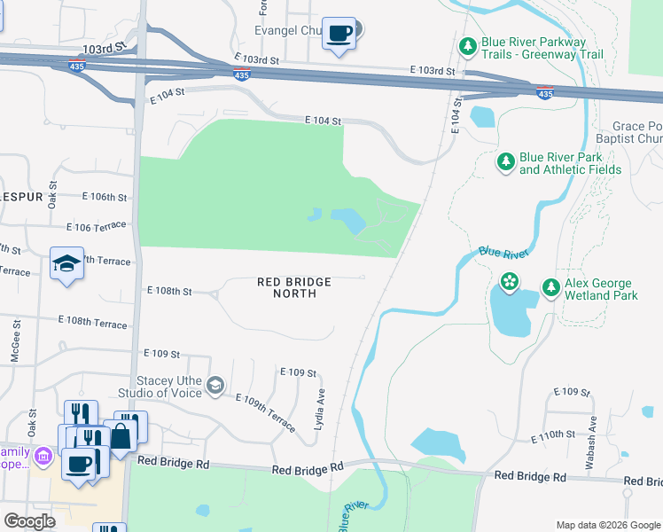 map of restaurants, bars, coffee shops, grocery stores, and more near 1401 East 108th Street in Kansas City