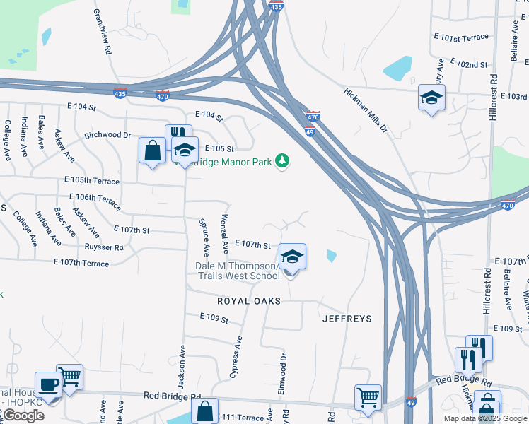 map of restaurants, bars, coffee shops, grocery stores, and more near 10543 Cypress Ave in Kansas City