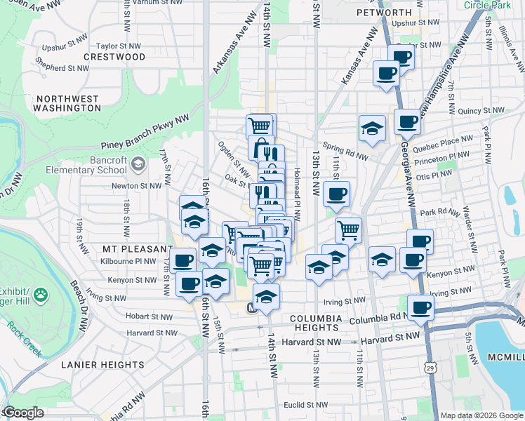 map of restaurants, bars, coffee shops, grocery stores, and more near 3460 14th Street Northwest in Washington