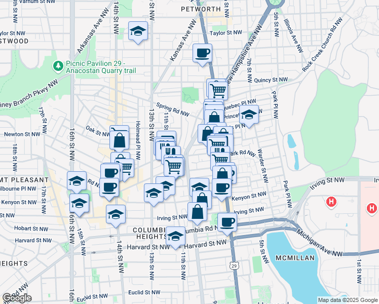 map of restaurants, bars, coffee shops, grocery stores, and more near 3540 Rock Creek Church Road Northwest in Washington
