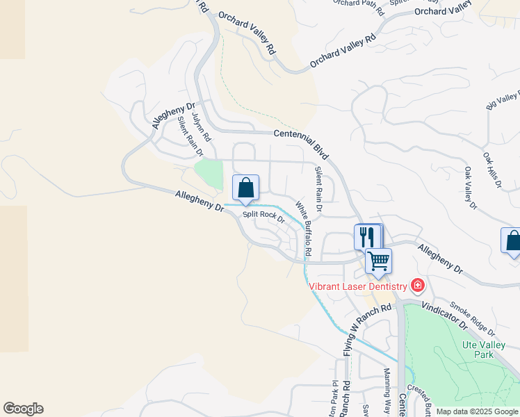 map of restaurants, bars, coffee shops, grocery stores, and more near 2366 Split Rock Drive in Colorado Springs