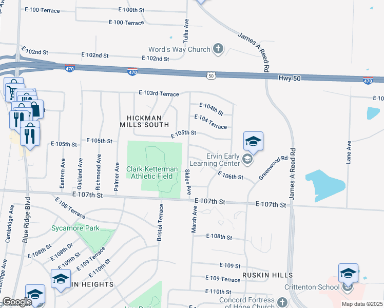 map of restaurants, bars, coffee shops, grocery stores, and more near 10519 Skiles Avenue in Kansas City