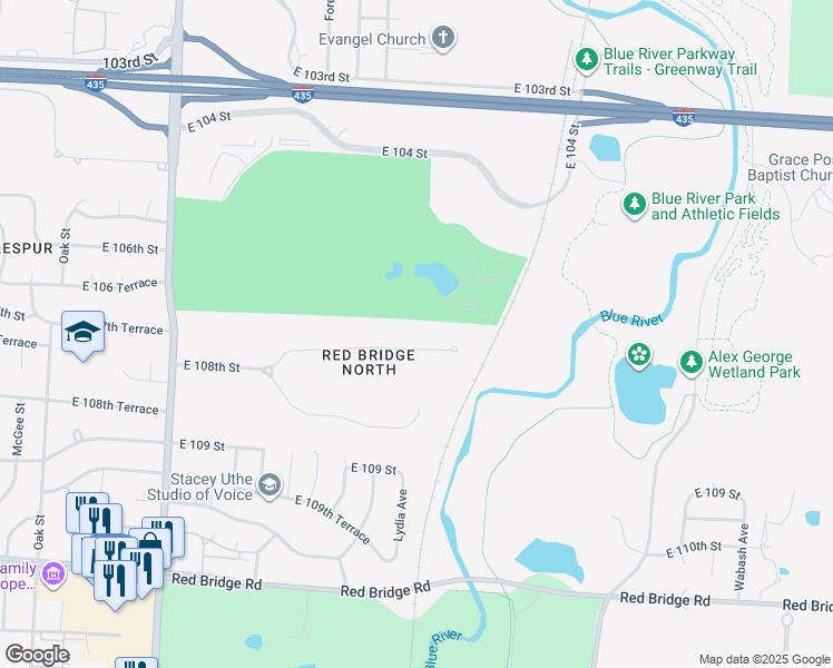 map of restaurants, bars, coffee shops, grocery stores, and more near 1401 East 108th Street in Kansas City