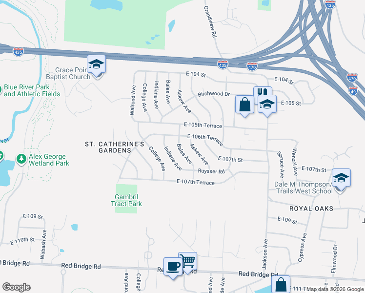map of restaurants, bars, coffee shops, grocery stores, and more near 10701 Bales Avenue in Kansas City