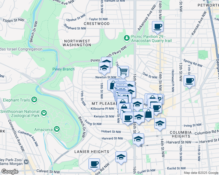 map of restaurants, bars, coffee shops, grocery stores, and more near 3314 Mount Pleasant Street Northwest in Washington