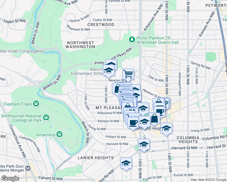 map of restaurants, bars, coffee shops, grocery stores, and more near 3314 Mount Pleasant Street Northwest in Washington