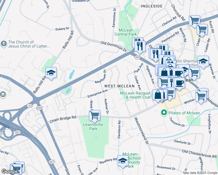 map of restaurants, bars, coffee shops, grocery stores, and more near 7024 Enterprise Avenue in McLean