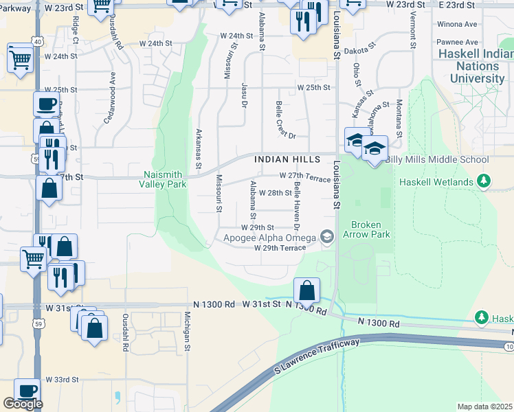 map of restaurants, bars, coffee shops, grocery stores, and more near 932 West 28th Terrace in Lawrence