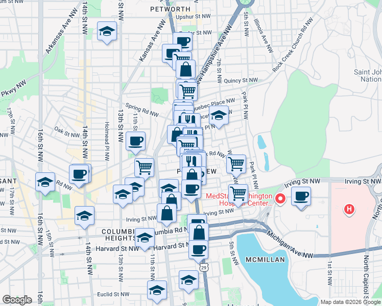 map of restaurants, bars, coffee shops, grocery stores, and more near Georgia Ave NW & Park Rd NW in Washington