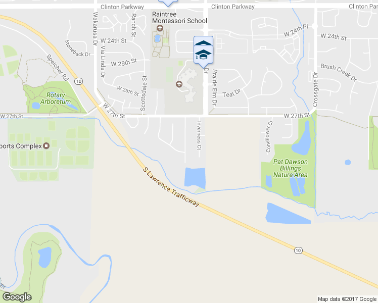 map of restaurants, bars, coffee shops, grocery stores, and more near 2800 Wildflower Drive in Lawrence