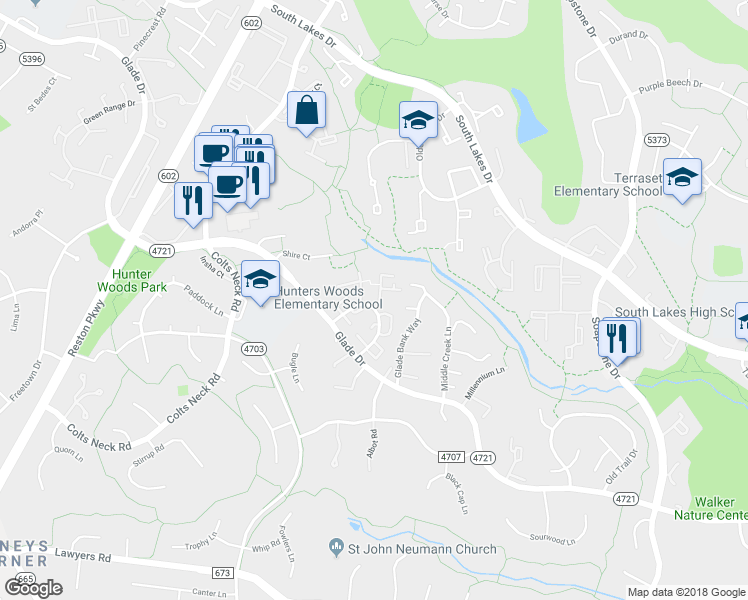map of restaurants, bars, coffee shops, grocery stores, and more near 2358 Horseferry Court in Reston