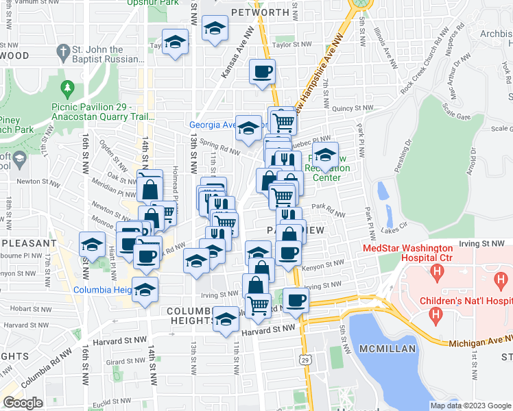 map of restaurants, bars, coffee shops, grocery stores, and more near 751 Park Road Northwest in Washington