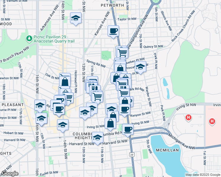 map of restaurants, bars, coffee shops, grocery stores, and more near 751 Park Road Northwest in Washington