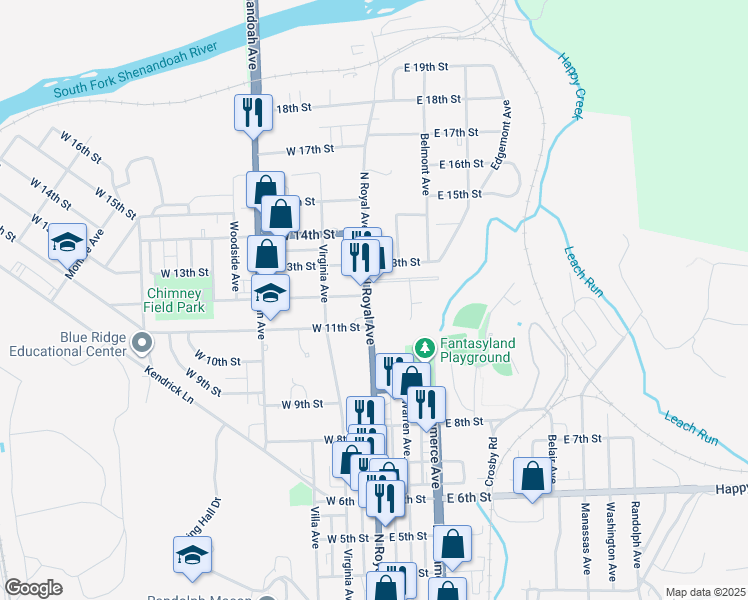 map of restaurants, bars, coffee shops, grocery stores, and more near 1127 North Royal Avenue in Front Royal