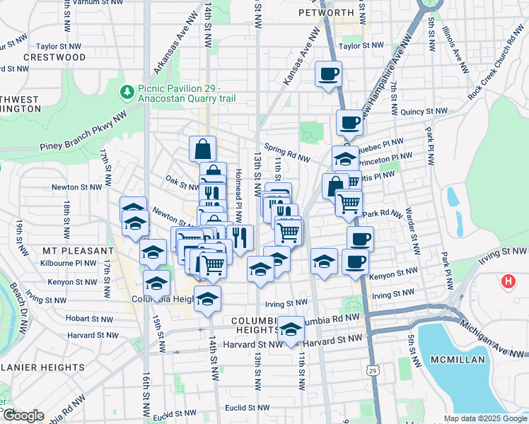map of restaurants, bars, coffee shops, grocery stores, and more near 3513 13th Street Northwest in Washington