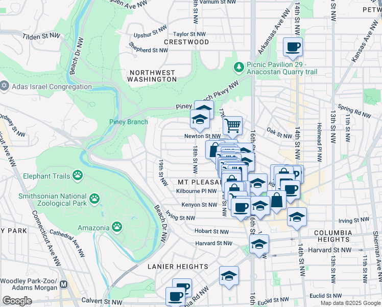 map of restaurants, bars, coffee shops, grocery stores, and more near 3324 18th Street Northwest in Washington
