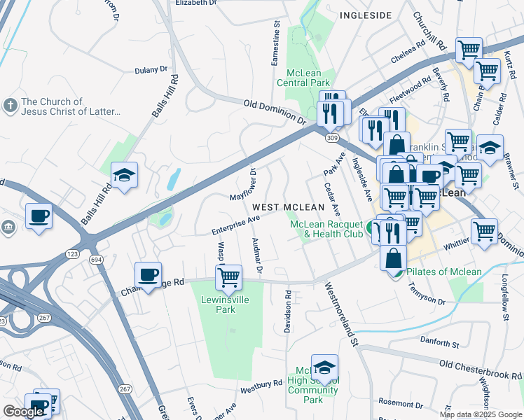 map of restaurants, bars, coffee shops, grocery stores, and more near 7024 Enterprise Avenue in McLean
