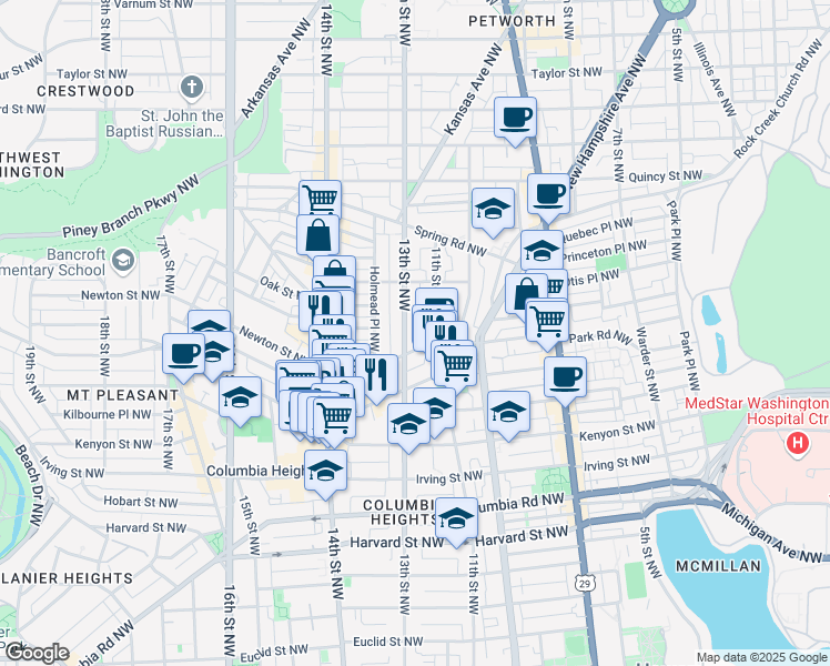 map of restaurants, bars, coffee shops, grocery stores, and more near 3513 13th Street Northwest in Washington