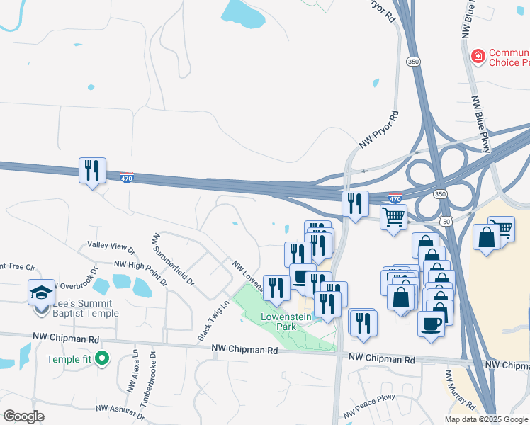 map of restaurants, bars, coffee shops, grocery stores, and more near 2140 Northwest Lowenstein Drive in Lee's Summit