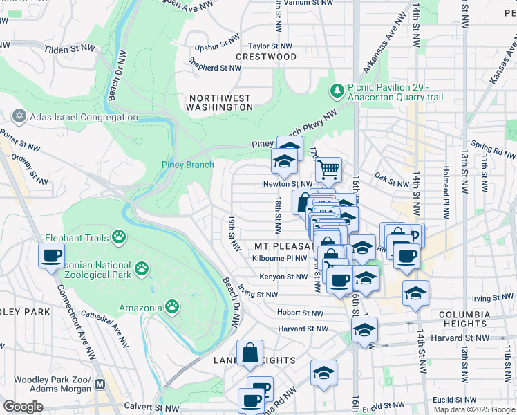 map of restaurants, bars, coffee shops, grocery stores, and more near 1836 Monroe Street Northwest in Washington