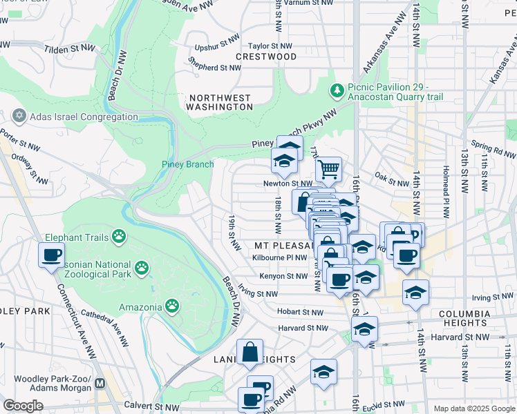 map of restaurants, bars, coffee shops, grocery stores, and more near 1836 Monroe Street Northwest in Washington