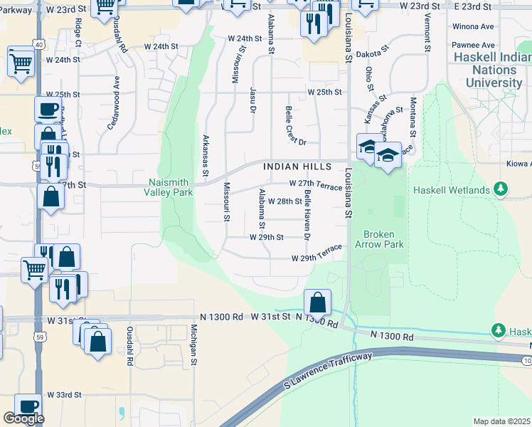map of restaurants, bars, coffee shops, grocery stores, and more near 932 West 28th Terrace in Lawrence