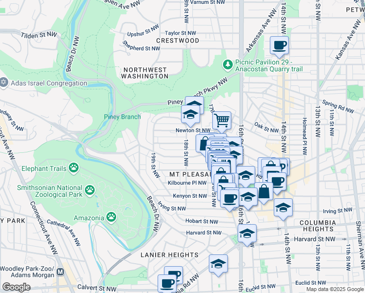 map of restaurants, bars, coffee shops, grocery stores, and more near 3324 18th Street Northwest in Washington