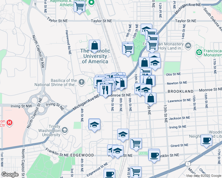map of restaurants, bars, coffee shops, grocery stores, and more near Michigan Ave NE & 7th St NE in Washington