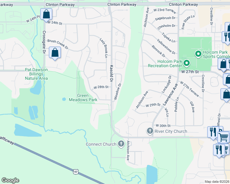 map of restaurants, bars, coffee shops, grocery stores, and more near 2824 Meadow Drive in Lawrence