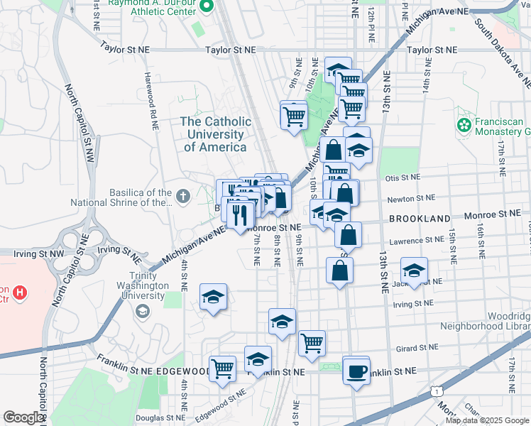 map of restaurants, bars, coffee shops, grocery stores, and more near 701 Michigan Avenue Northeast in Washington